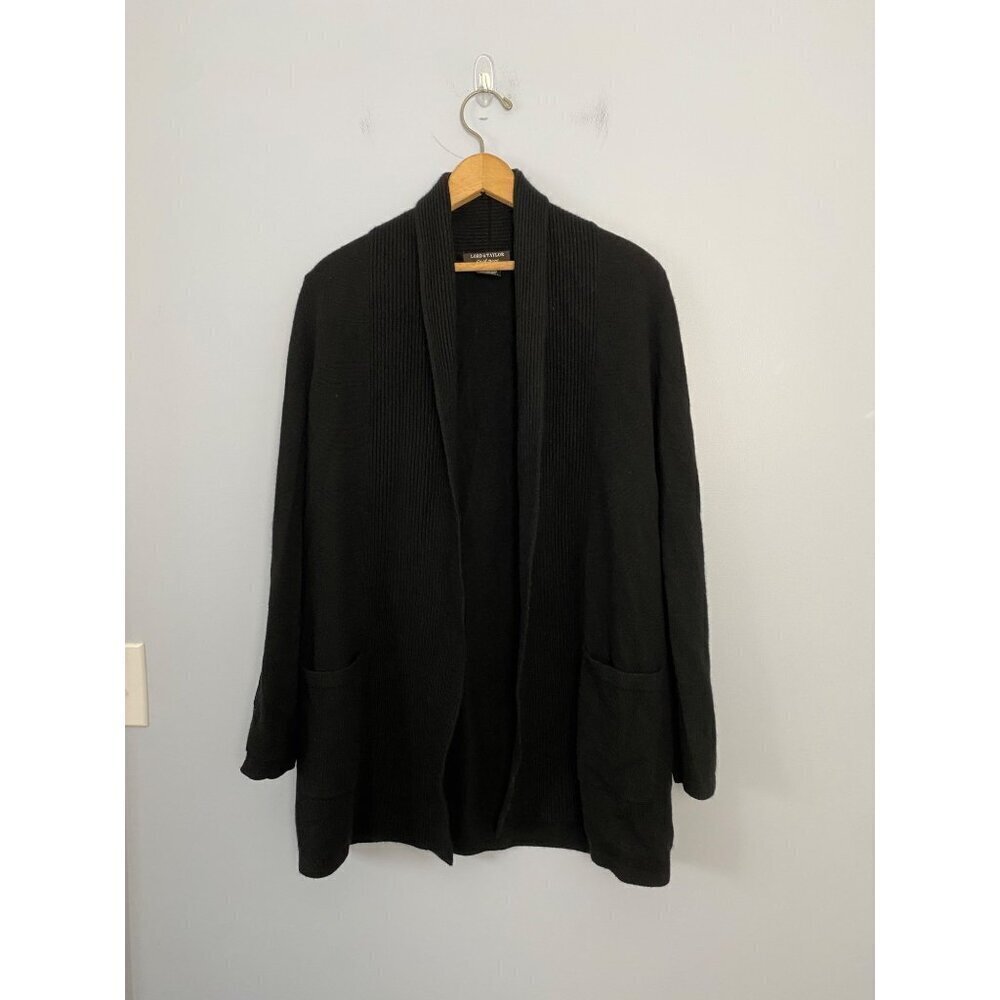 Lord & Taylor 100% Cashmere Open Cardigan Sweater Size Large Petite Black with P